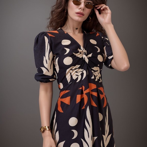 DressBerry Women Print Crepe A-Line Midi Dress