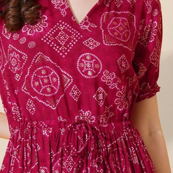 FLOWERVELLY Ethnic Motifs V-neck Fit and Flare Dress