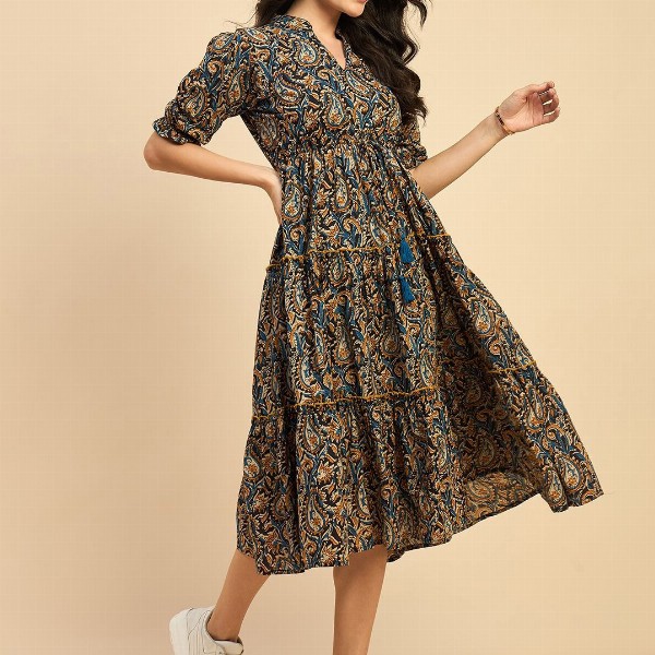 Azira Ethnic Motifs Printed Cotton Empire Midi Dress