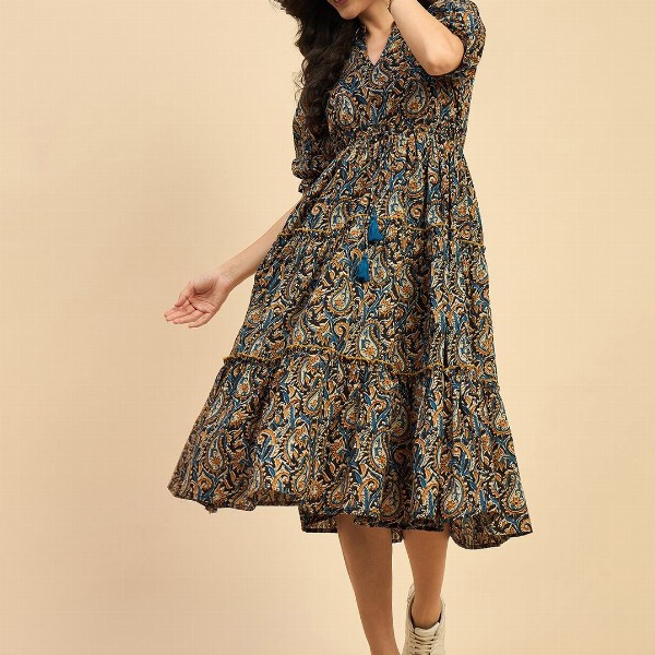 Azira Ethnic Motifs Printed Cotton Empire Midi Dress