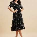 Azira Floral Print Square Neck Puff Sleeve Georgette Fit & Flare Midi Tiered Dress