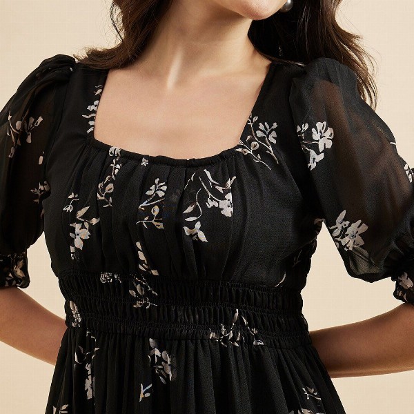 Azira Floral Print Square Neck Puff Sleeve Georgette Fit & Flare Midi Tiered Dress