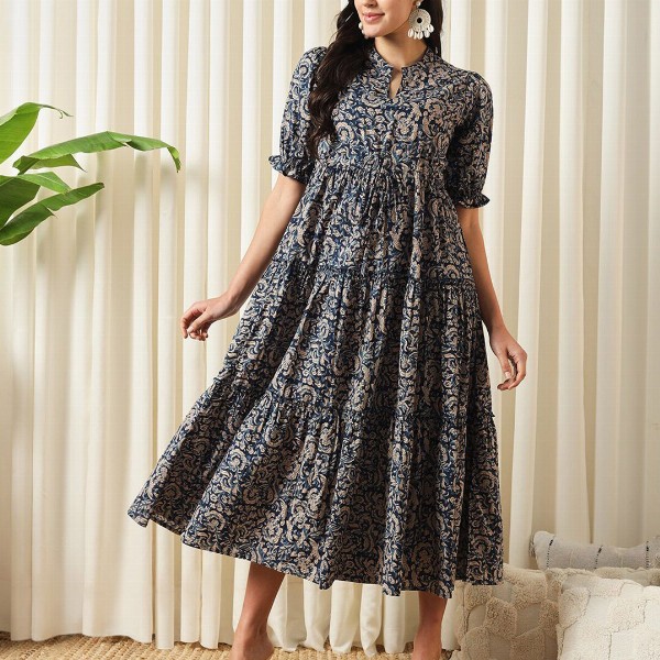 KALINI Floral Printed Mandarin Collar Puff Sleeves Cotton Fit and Flare Dress