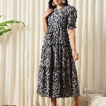 KALINI Floral Printed Mandarin Collar Puff Sleeves Cotton Fit and Flare Dress