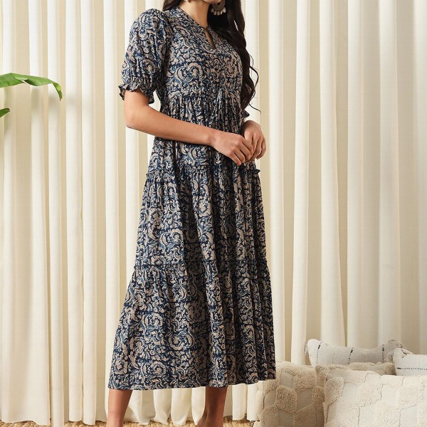 KALINI Floral Printed Mandarin Collar Puff Sleeves Cotton Fit and Flare Dress