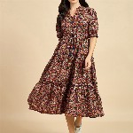 Azira Ethnic Motif Print Mandarin Collar Short Puff Sleeves Cotton A-Line Midi Dress