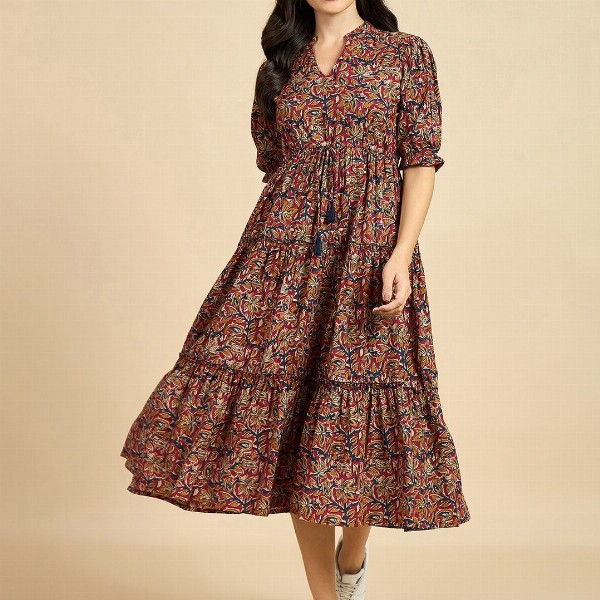 Azira Ethnic Motif Print Mandarin Collar Short Puff Sleeves Cotton A-Line Midi Dress