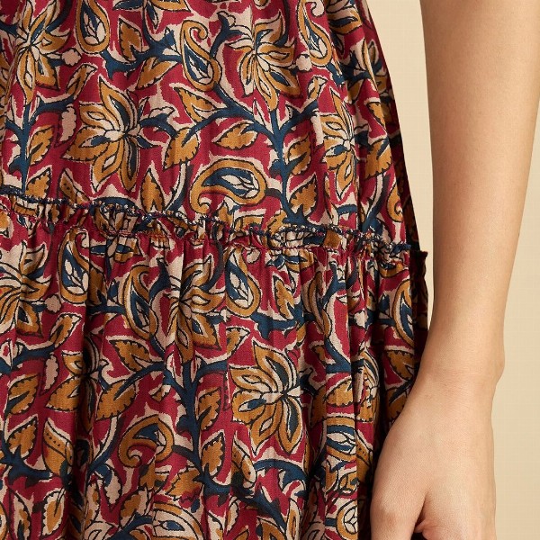 Azira Ethnic Motif Print Mandarin Collar Short Puff Sleeves Cotton A-Line Midi Dress