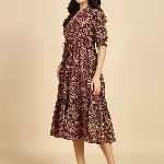 Azira Ethnic Motif Print Mandarin Collar Short Puff Sleeves Cotton A-Line Midi Dress