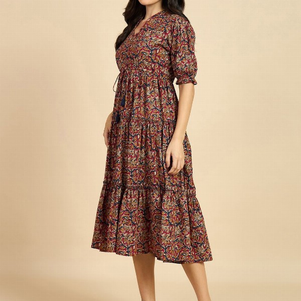 Azira Ethnic Motif Print Mandarin Collar Short Puff Sleeves Cotton A-Line Midi Dress