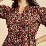 Azira Ethnic Motif Print Mandarin Collar Short Puff Sleeves Cotton A-Line Midi Dress