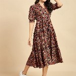 Azira Ethnic Motif Print Mandarin Collar Short Puff Sleeves Cotton A-Line Midi Dress