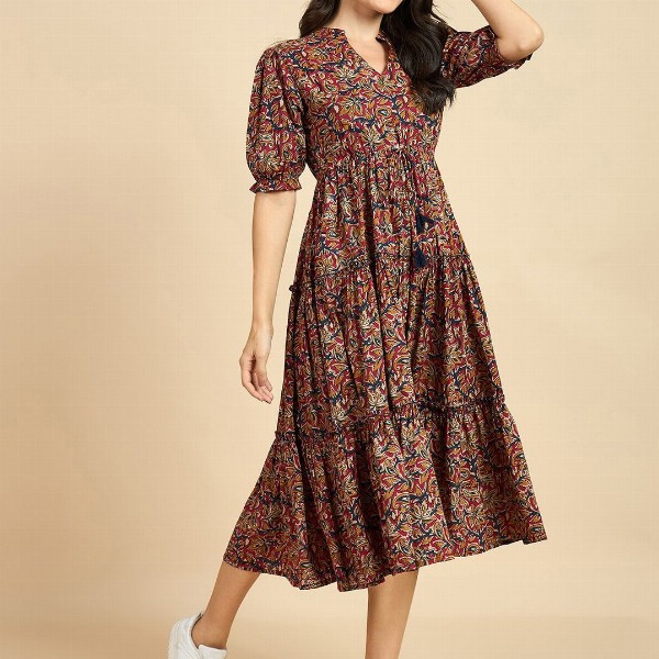 Azira Ethnic Motif Print Mandarin Collar Short Puff Sleeves Cotton A-Line Midi Dress