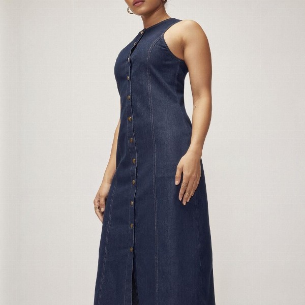 The Label Life Women Button Down Denim Sheath Midi Dress