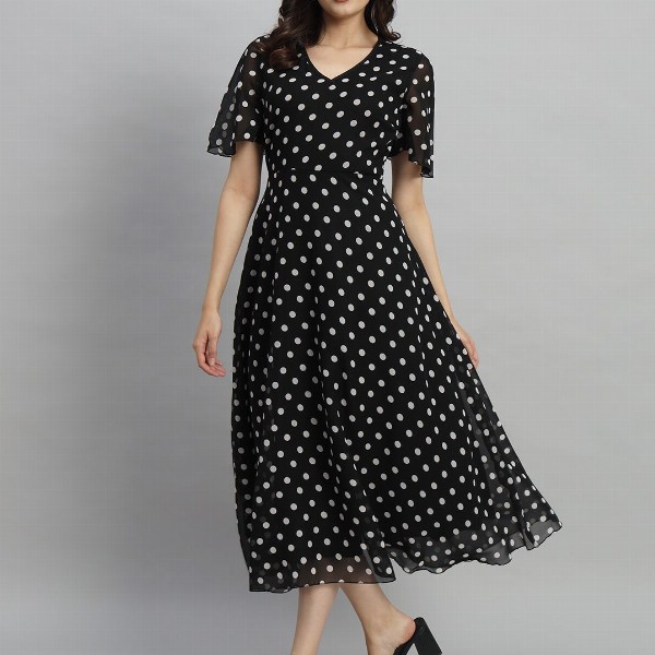 Curvydrobe Polka Dot Flared Sleeve A-Line Midi Dress