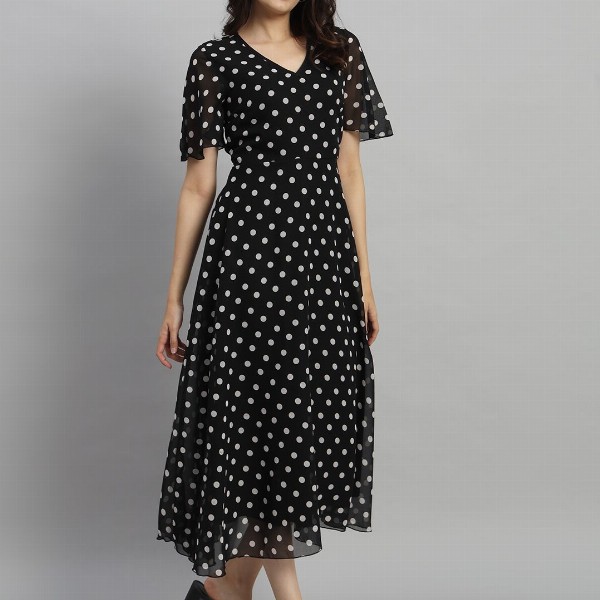 Curvydrobe Polka Dot Flared Sleeve A-Line Midi Dress