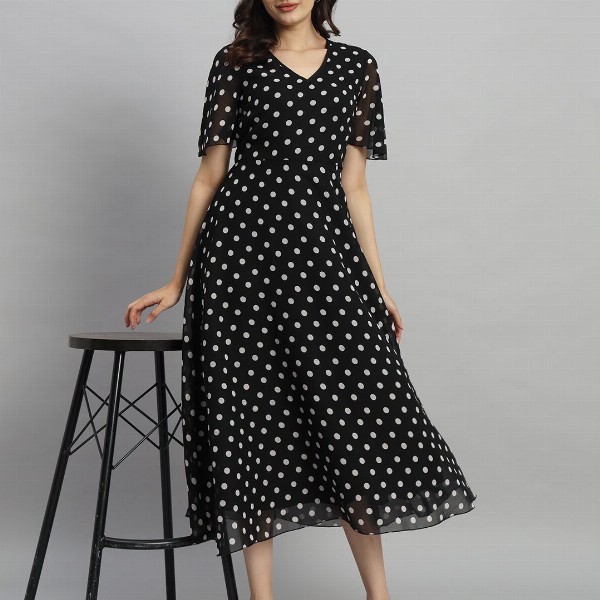 Curvydrobe Polka Dot Flared Sleeve A-Line Midi Dress