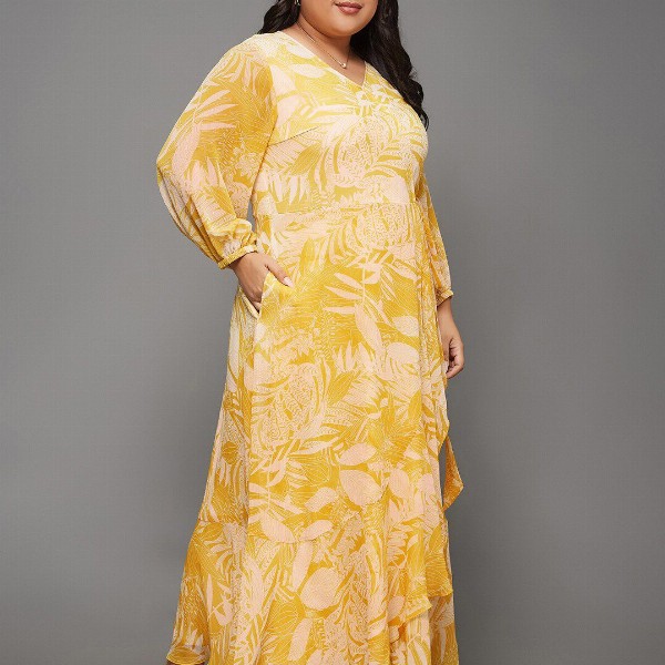 Miss Chase A+ Plus Size Floral Printed V-Neck Flared Maxi Dress