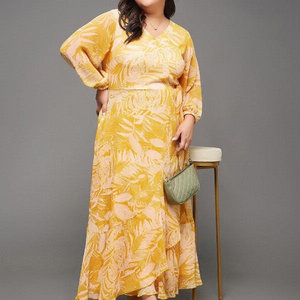 Miss Chase A+ Plus Size Floral Printed V-Neck Flared Maxi Dress