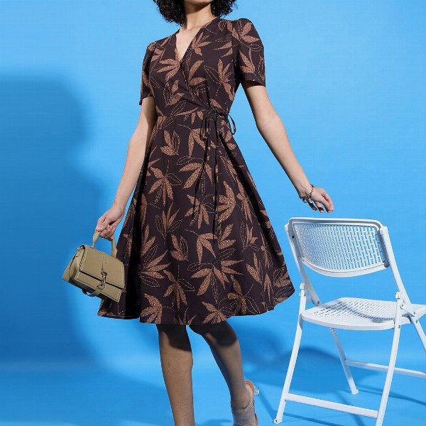 KETCH Printed Fit & Flare V-Neck Wrap Dress