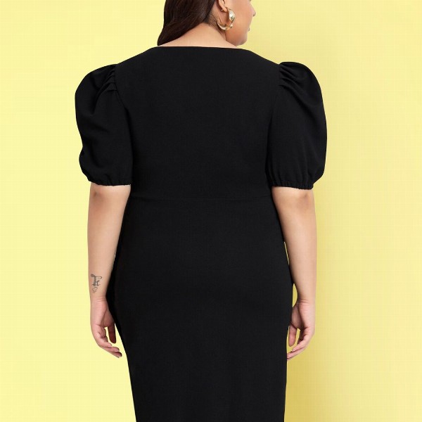wild U Plus Size Solid V-Neck Puff Sleeves Gathered Wrap Dress
