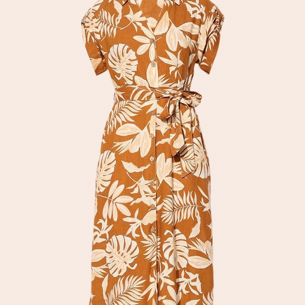 ONLY Women Floral Print Shirt Collar Short Sleeves Shirt Midi Dress