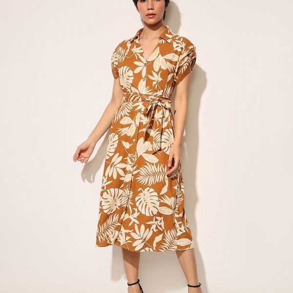 ONLY Women Floral Print Shirt Collar Short Sleeves Shirt Midi Dress