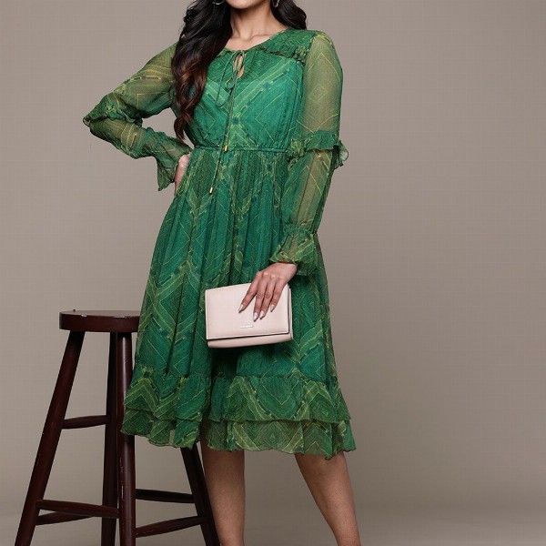 aarke Ritu Kumar Print Tie-Up Neck Puff Sleeve Ruffled Chiffon Fit & Flare Dress