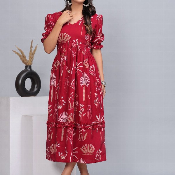 DAMMODE Women Cotton Floral Printed Empire Maxi Dress