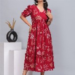 DAMMODE Women Cotton Floral Printed Empire Maxi Dress