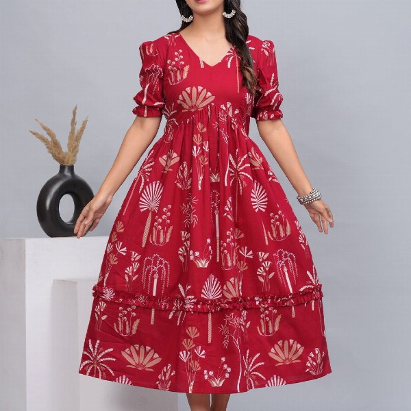 DAMMODE Women Cotton Floral Printed Empire Maxi Dress