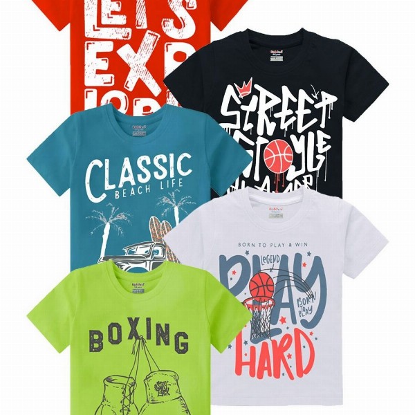 Kiddeo Boys Pack Of 5 Typography Printed Round Neck Cotton T-shirts