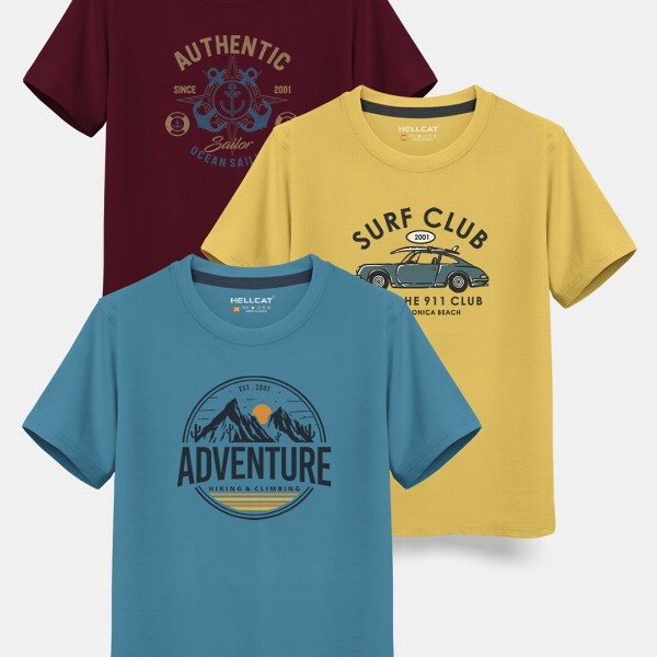 HELLCAT Boys Pack Of 3 Printed Cotton T-shirt