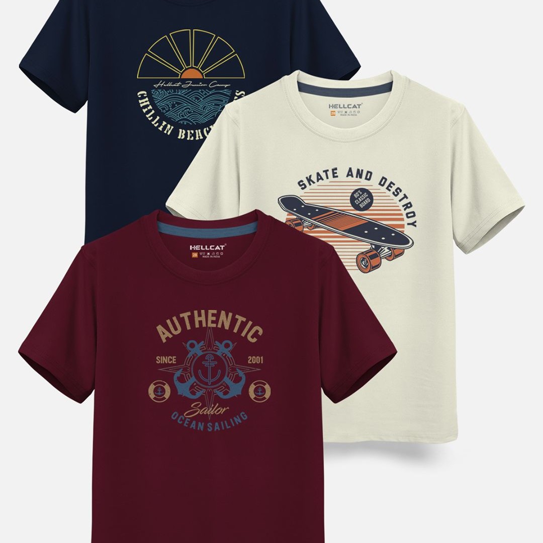 HELLCAT Boys Pack Of 3 Printed Cotton T-shirt