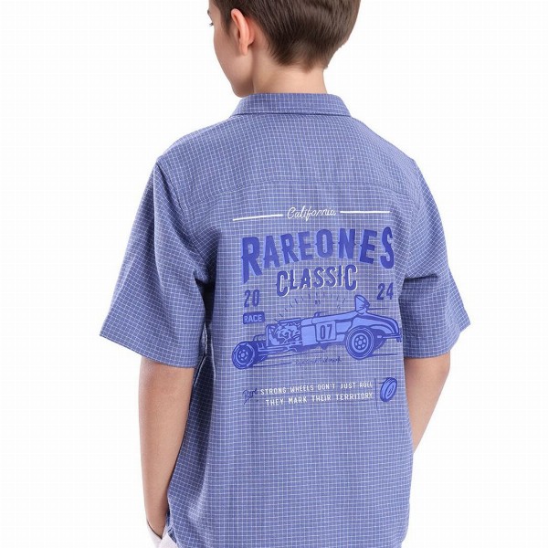RARE ONES Boys Micro Checks Printed Spread Collar Short Sleeves Casual Cotton Shirt