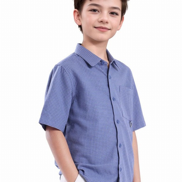 RARE ONES Boys Micro Checks Printed Spread Collar Short Sleeves Casual Cotton Shirt