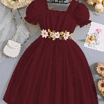 Miss & Chief Embellished Puff Sleeve Net A-Line Dress