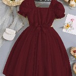 Miss & Chief Embellished Puff Sleeve Net A-Line Dress