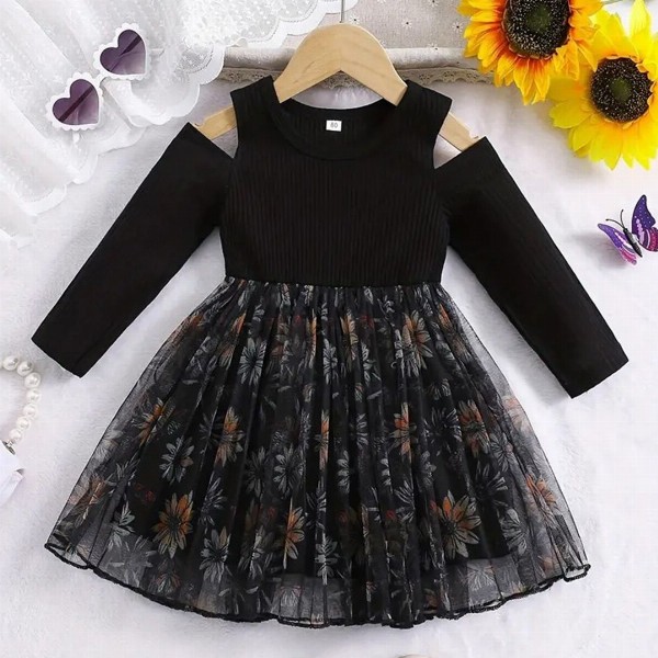 BAESD Floral Print Cold-Shoulder Net Fit & Flare Dress