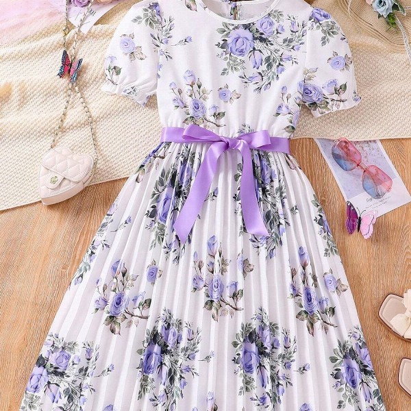 BAESD Girls Floral Printed Puff Sleeves Fit & Flare Dress