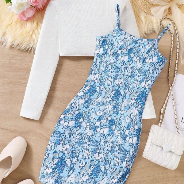 BAESD Girls Floral Printed Bodycon Shoulder Straps Maxi Dress