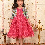 Sangria Girls Striped Cotton A-Line Ethnic Dress With Jacket