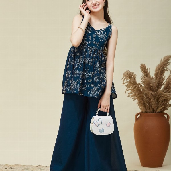 CurlyTales Floral Embroidered Georgette Fit & Flare Dress