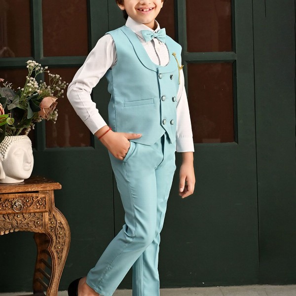 BT DEZINES Boys Solid Double-Breasted Three-Piece Suit