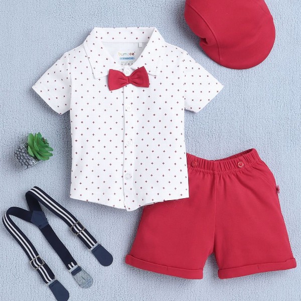 BUMZEE Boys Geometrical Printed Half Sleeves Shirt Shorts With Bow Suspender And Cap