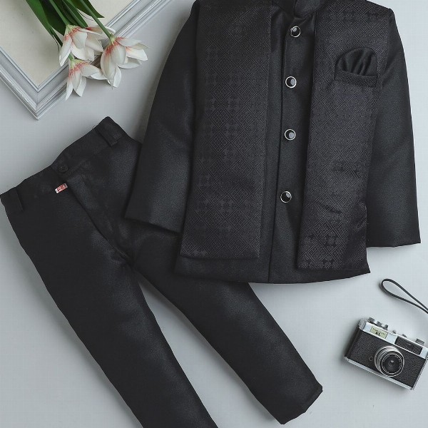 BAESD Boys Self Design Single-Breasted Mandarin Collar Double Vent 2-Piece Suit