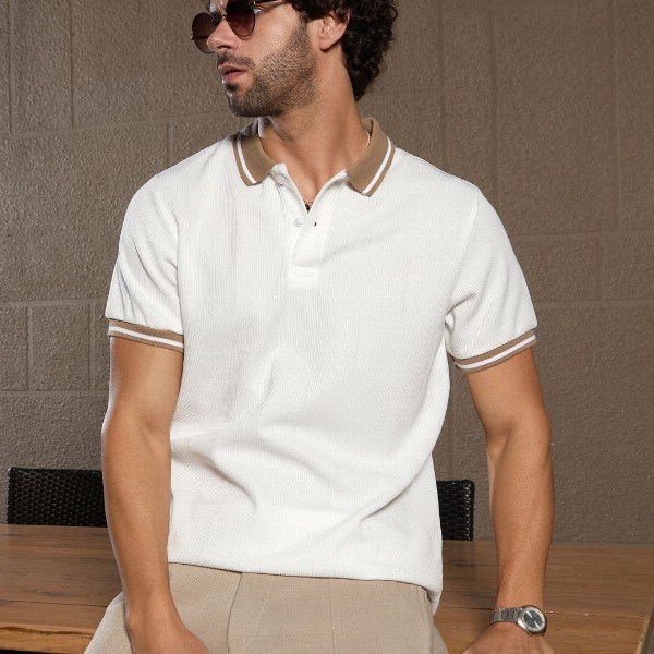 Campus Sutra Men Self Design Polo Collar Cotton T-shirt