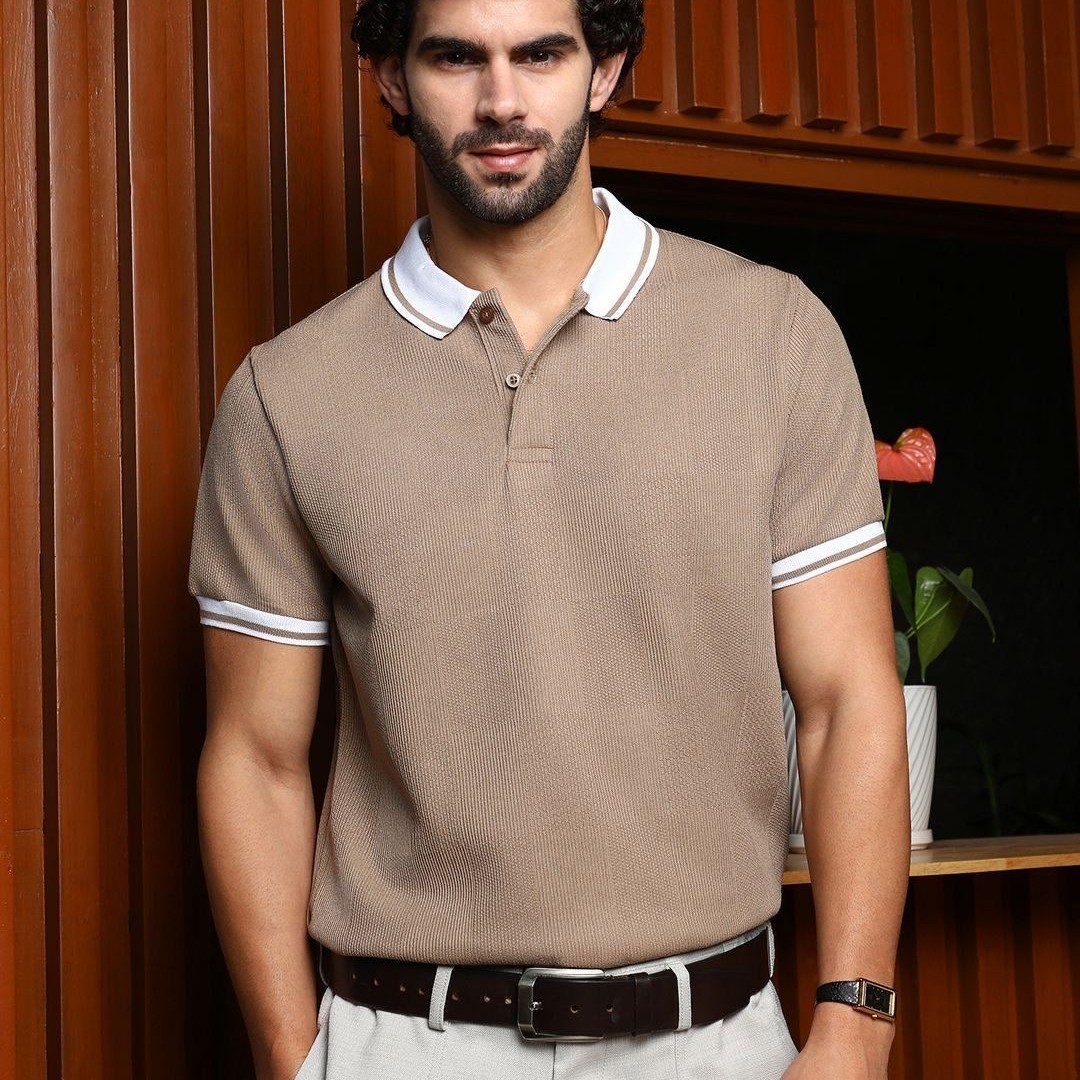 Campus Sutra Men Self Design Polo Collar Cotton T-shirt