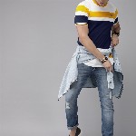 Roadster Men White Mustard Yellow Colourblocked Round Neck Pure Cotton T-shirt