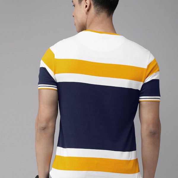 Roadster Men White Mustard Yellow Colourblocked Round Neck Pure Cotton T-shirt